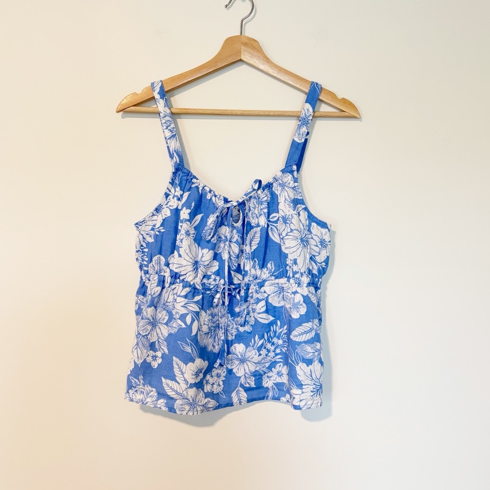C&C California Blue & White Tropical Floral Linen Tank Top